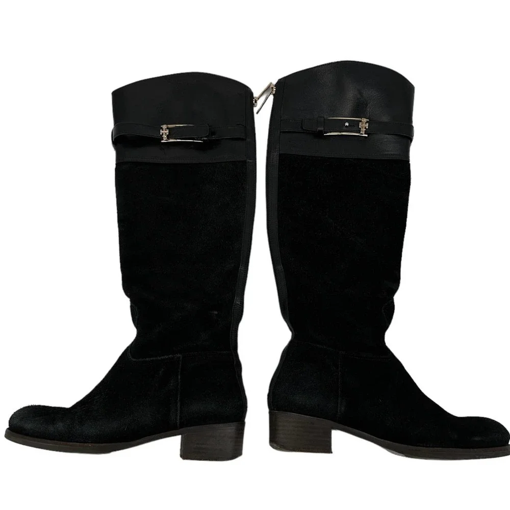 Tory Burch Womens Suede Leather Tall Riding Boot Round Toe Zipper Black Size 6